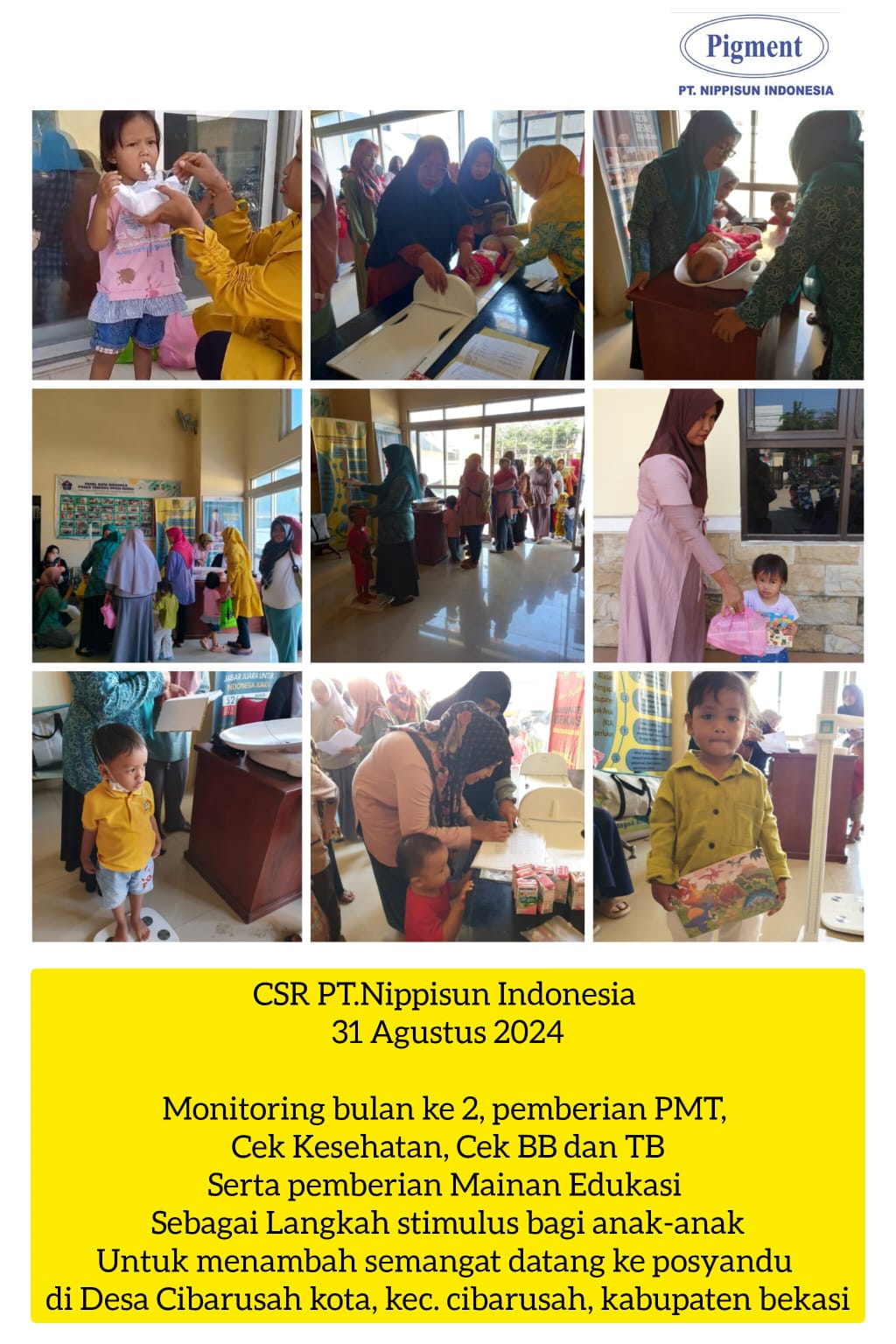 MONITORING BULAN KE-2 CSR PROGRAM PEMBERIAN MAKANAN TAMBAHAN (PMT) DALAM UPAYA PENCEGAHAN DAN PERCEPATAN PENURUNAN STUNTING DI KAB. BEKASI. "NYAK BABE ASUH ANAK STUNTING"